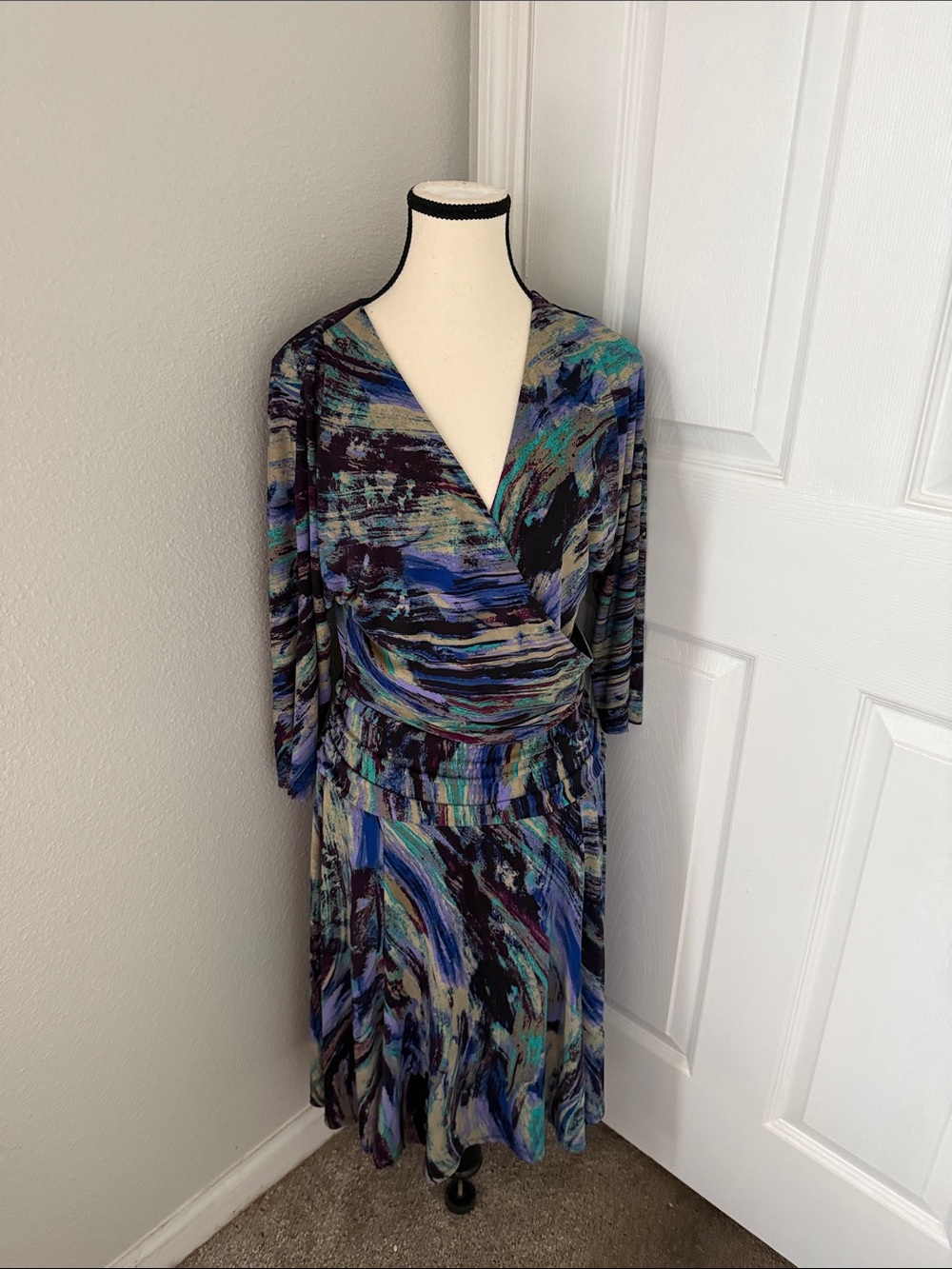 Abstract Print Wrap-Style Women’s Dress in Teal and Blue     By Rabbit